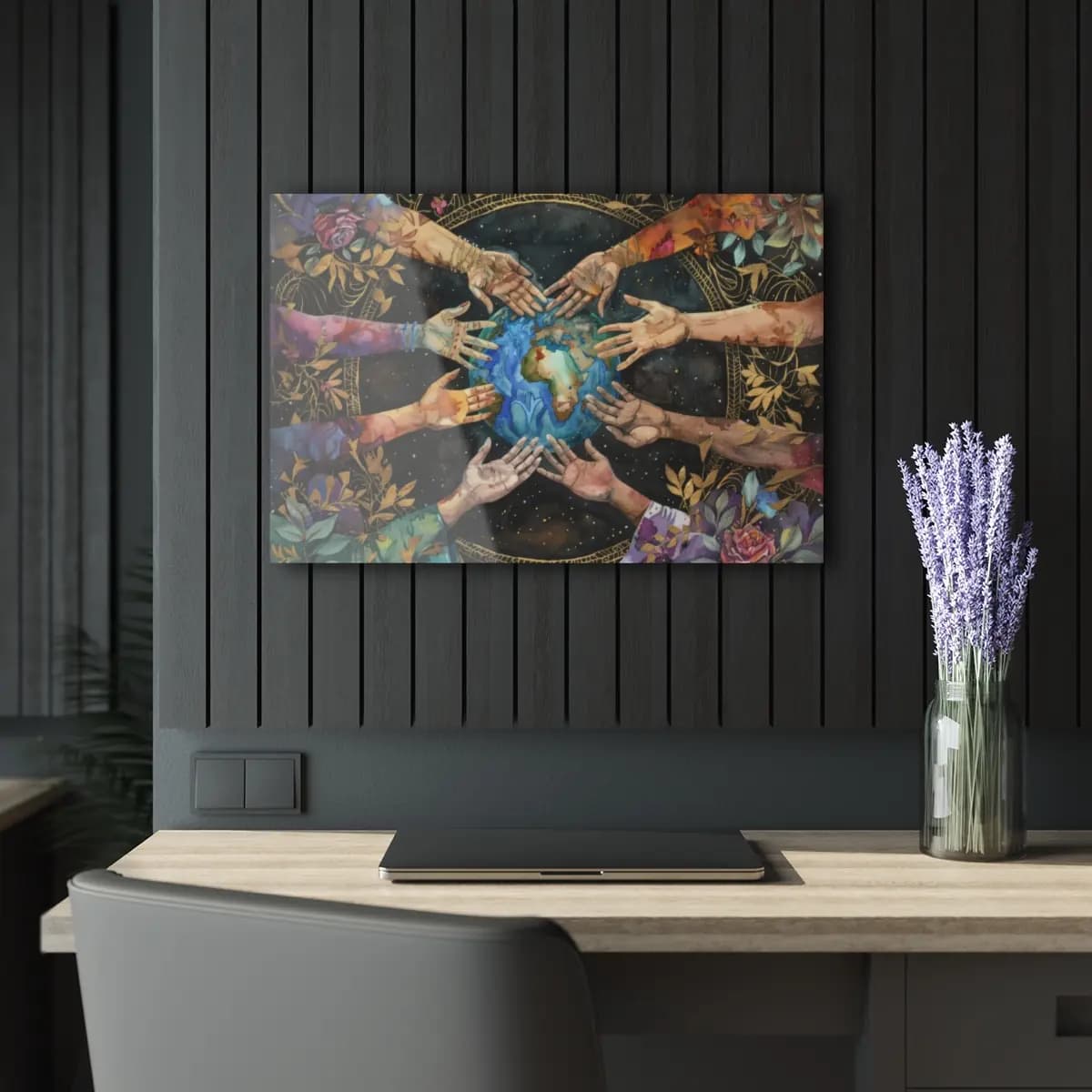 Hands of the World Embrace the Earth - Acrylic Prints (French Cleat Hanging) mockup angle 5