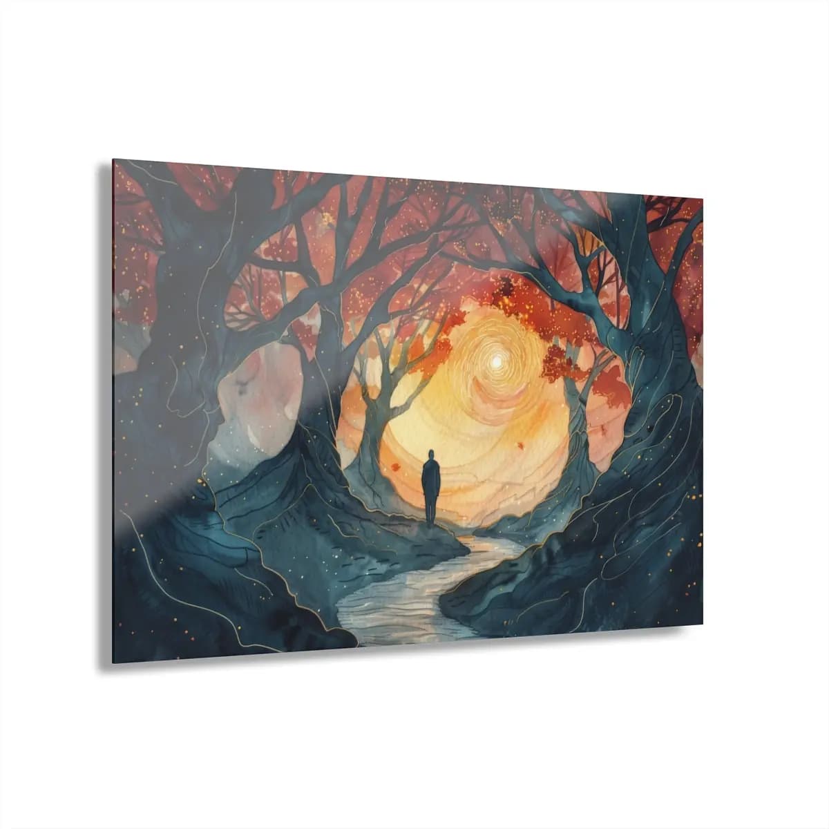 Solitary Figure at the Edge of Spiraling Light - Acrylic Prints (French Cleat Hanging) mockup angle 1