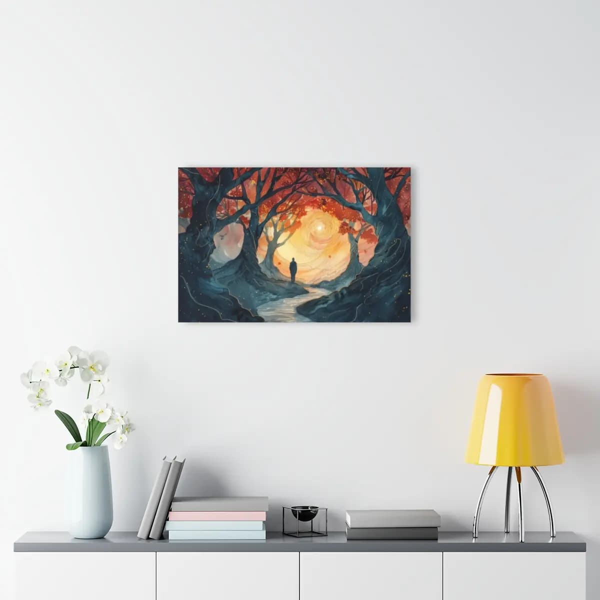 Solitary Figure at the Edge of Spiraling Light - Acrylic Prints (French Cleat Hanging) mockup angle 4