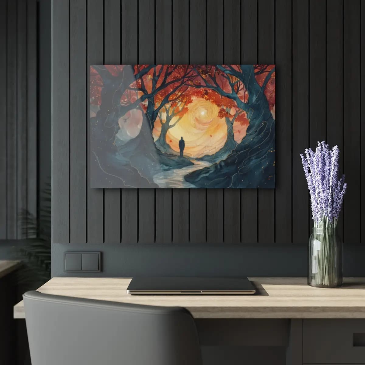 Solitary Figure at the Edge of Spiraling Light - Acrylic Prints (French Cleat Hanging) mockup angle 5