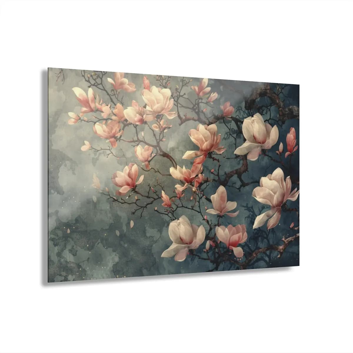 Magnolia Blossoms Unfurling Against a Deep Blue Dusk - Acrylic Prints (French Cleat Hanging) mockup angle 1