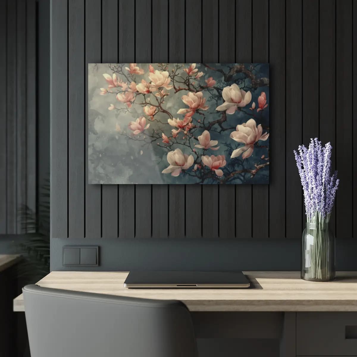 Magnolia Blossoms Unfurling Against a Deep Blue Dusk - Acrylic Prints (French Cleat Hanging) mockup angle 5
