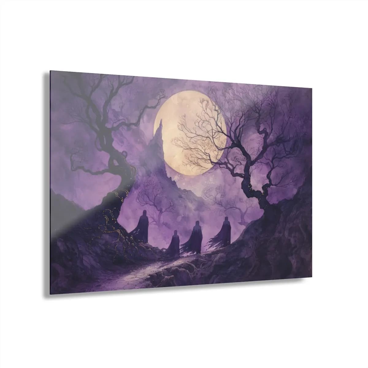Three Cloaked Figures Beneath the Purple Moon - Acrylic Prints (French Cleat Hanging) mockup angle 1