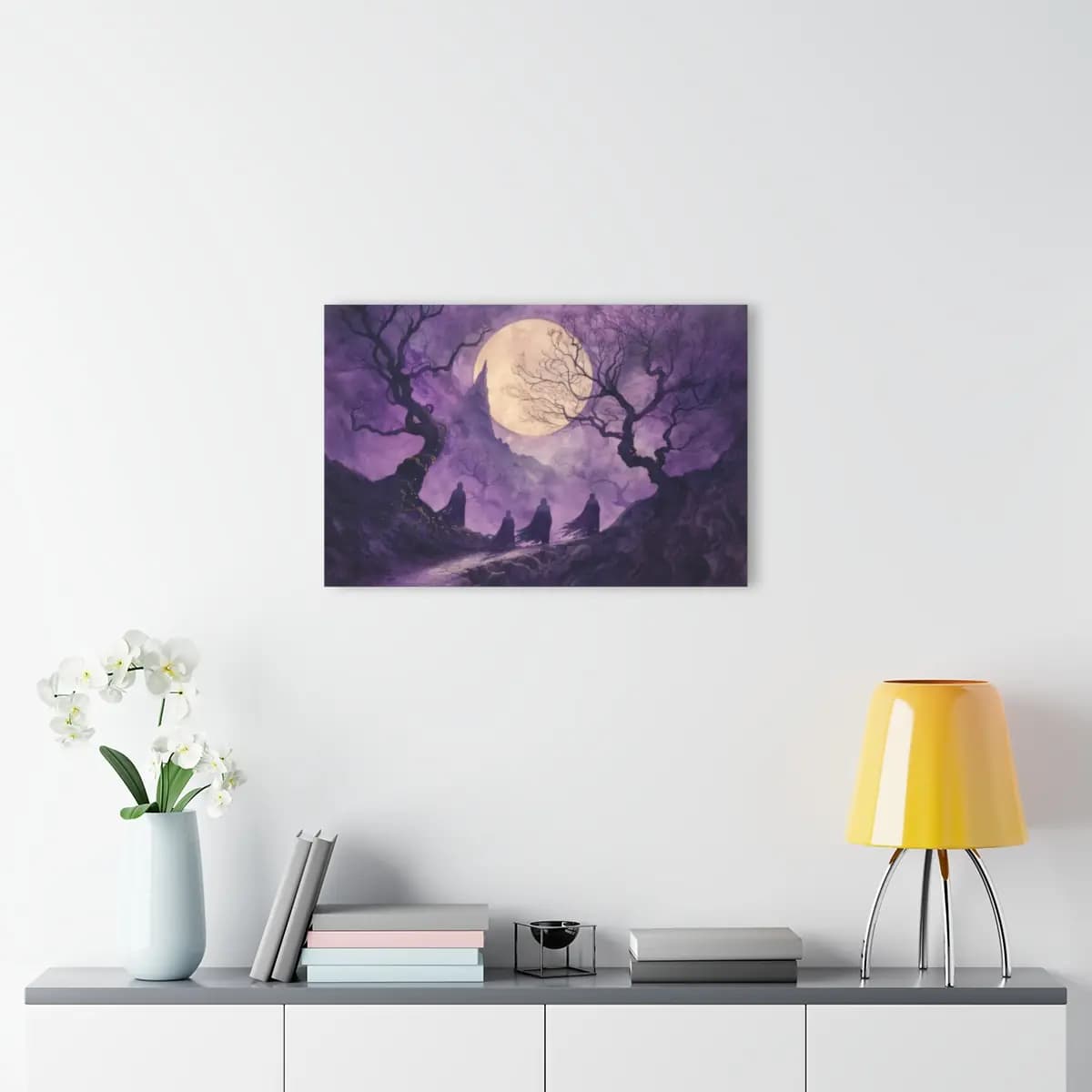 Three Cloaked Figures Beneath the Purple Moon - Acrylic Prints (French Cleat Hanging) mockup angle 4