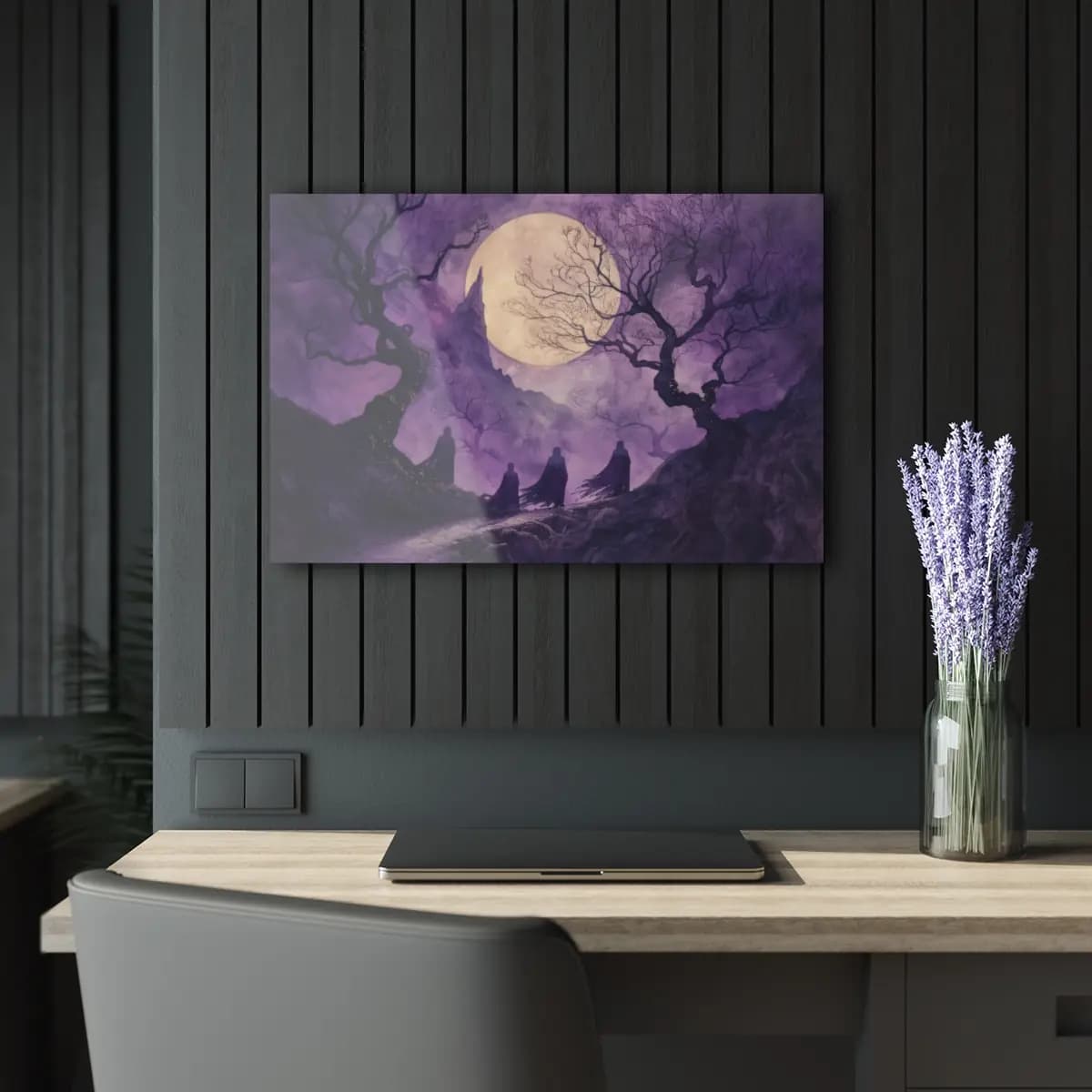 Three Cloaked Figures Beneath the Purple Moon - Acrylic Prints (French Cleat Hanging) mockup angle 5