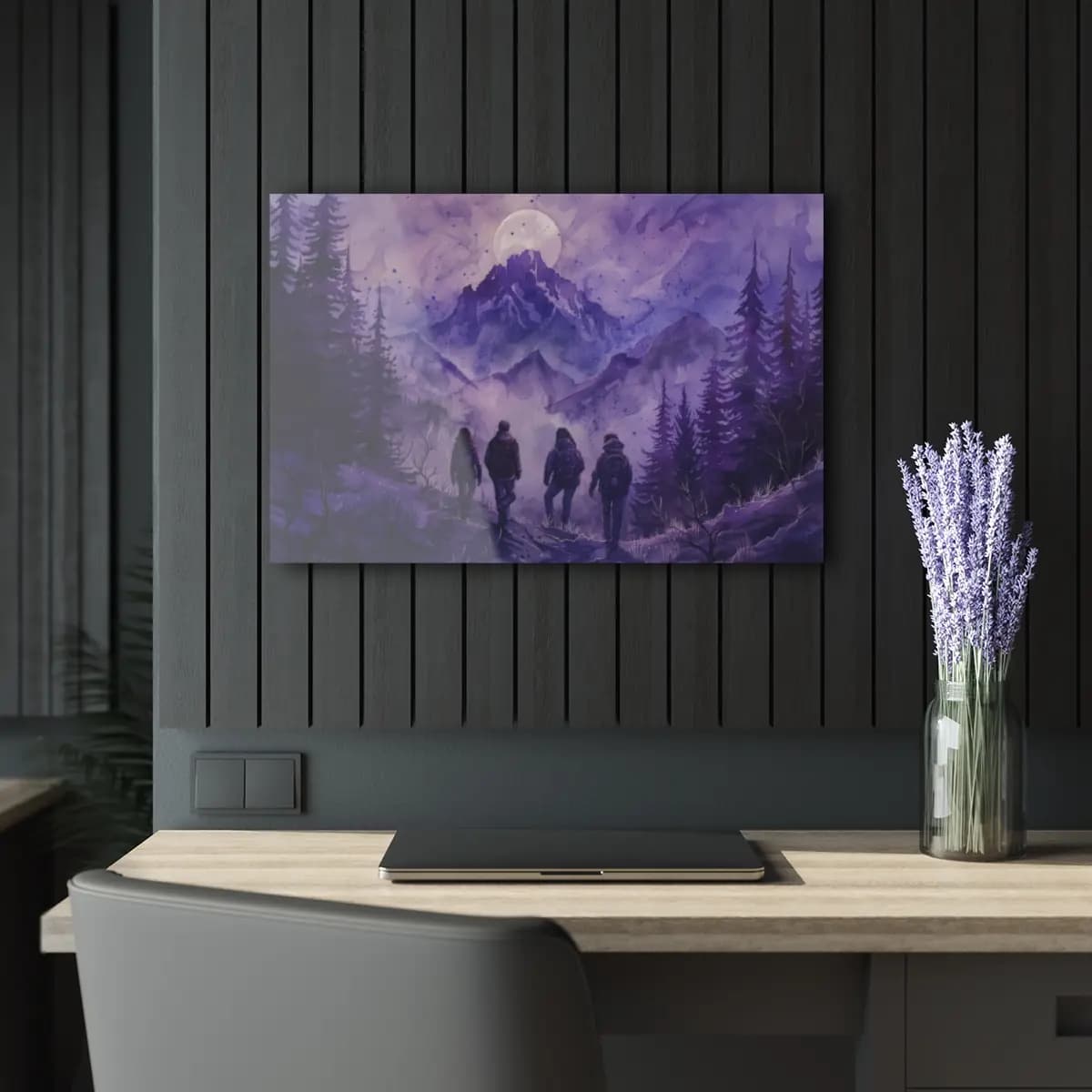 Hikers Beneath the Purple Mountain Moon - Acrylic Prints (French Cleat Hanging) mockup angle 5