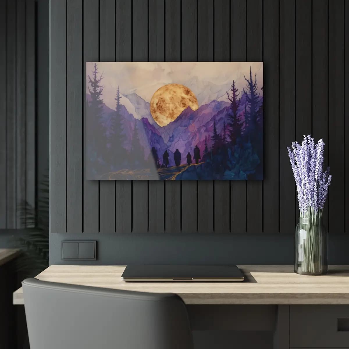 Pilgrims Beneath the Mountain's Golden Moon - Acrylic Prints (French Cleat Hanging) mockup angle 5