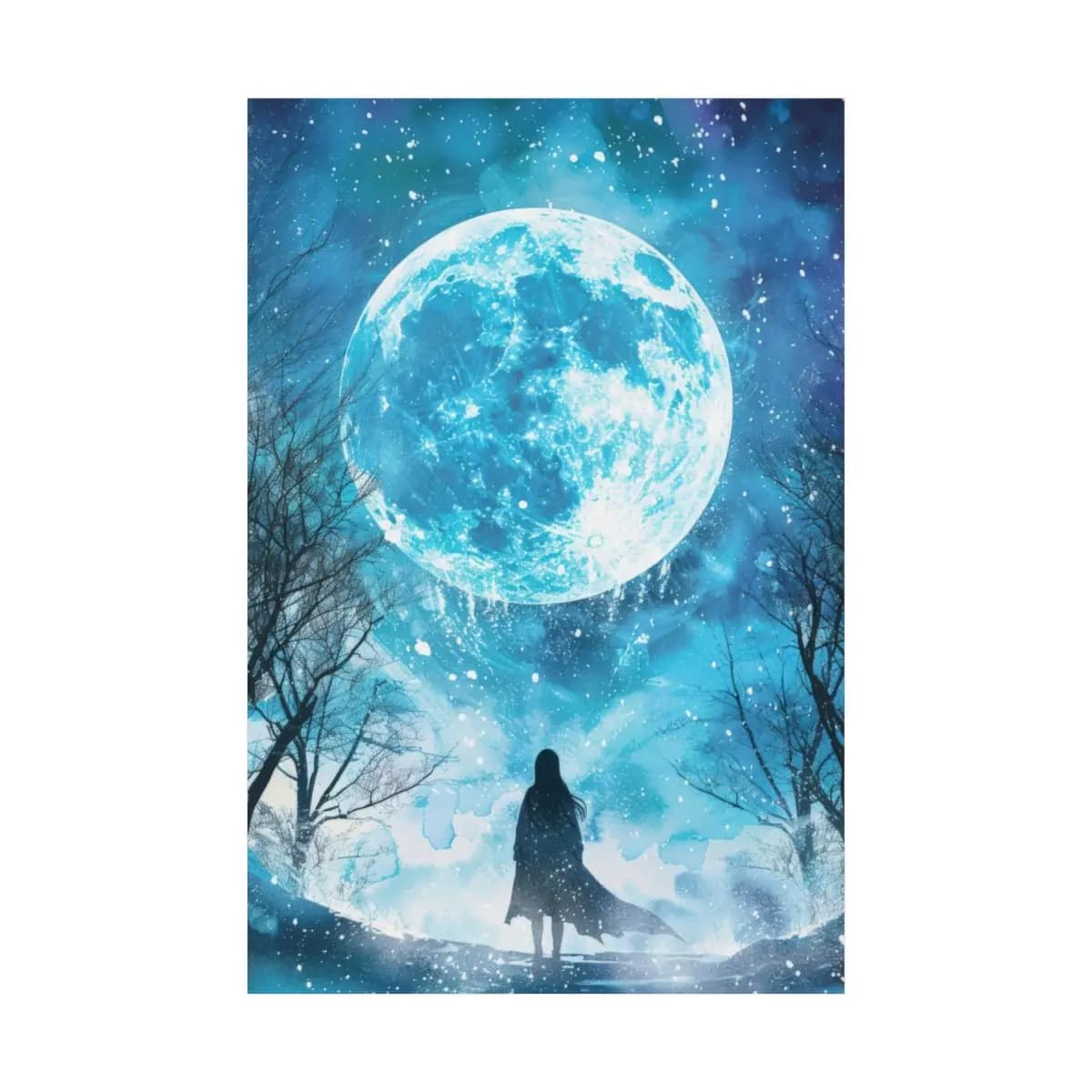 Solitary Figure Beneath the Winter Blue Moon - Matte Vertical Posters mockup angle 2