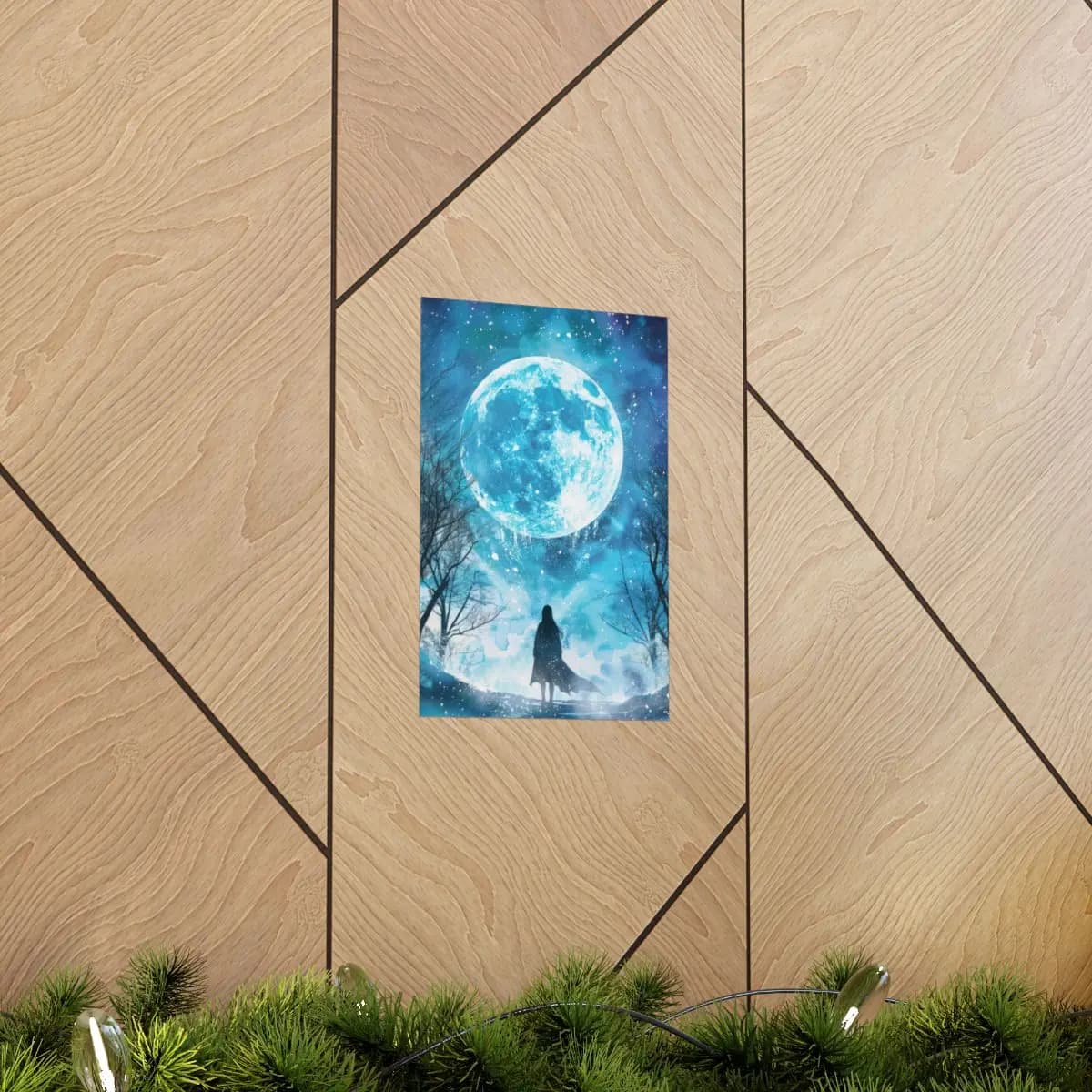 Solitary Figure Beneath the Winter Blue Moon - Matte Vertical Posters mockup angle 5