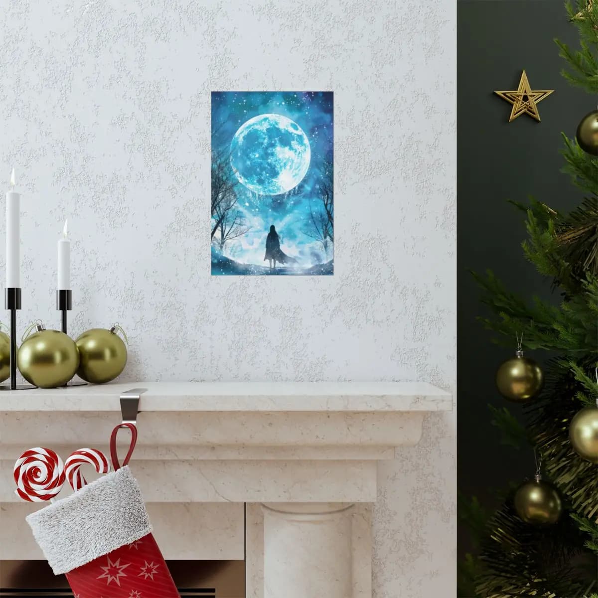 Solitary Figure Beneath the Winter Blue Moon - Matte Vertical Posters mockup angle 7