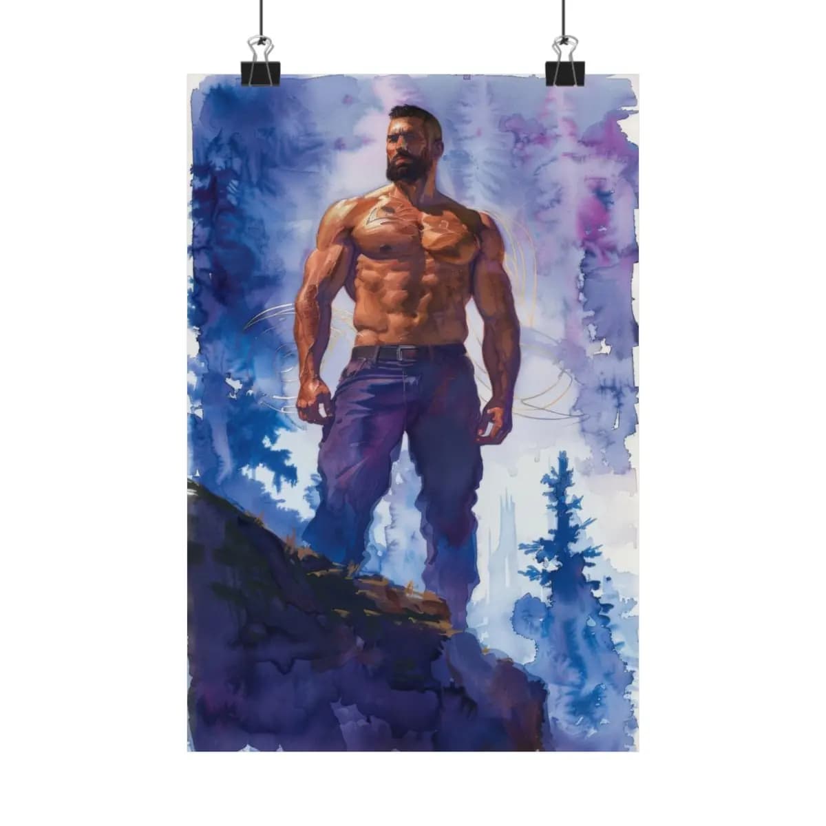Lone Warrior Standing Above the Misty Forest - Matte Vertical Posters mockup angle 1