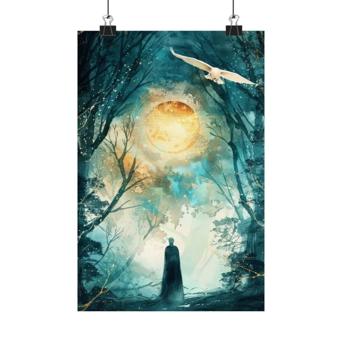 The Cloaked Wanderer Beneath the Golden Moon - Matte Vertical Posters mockup angle 1