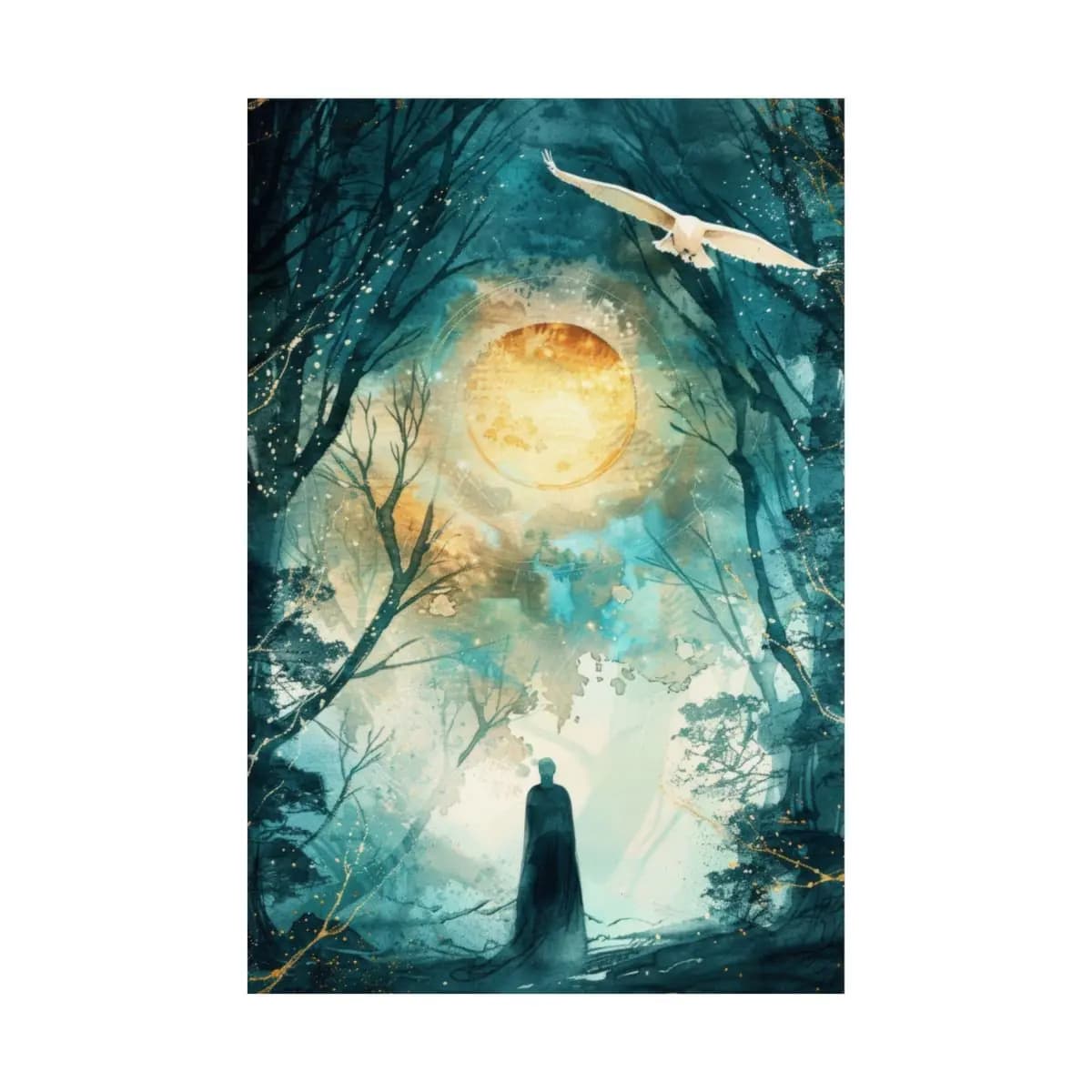 The Cloaked Wanderer Beneath the Golden Moon - Matte Vertical Posters mockup angle 2