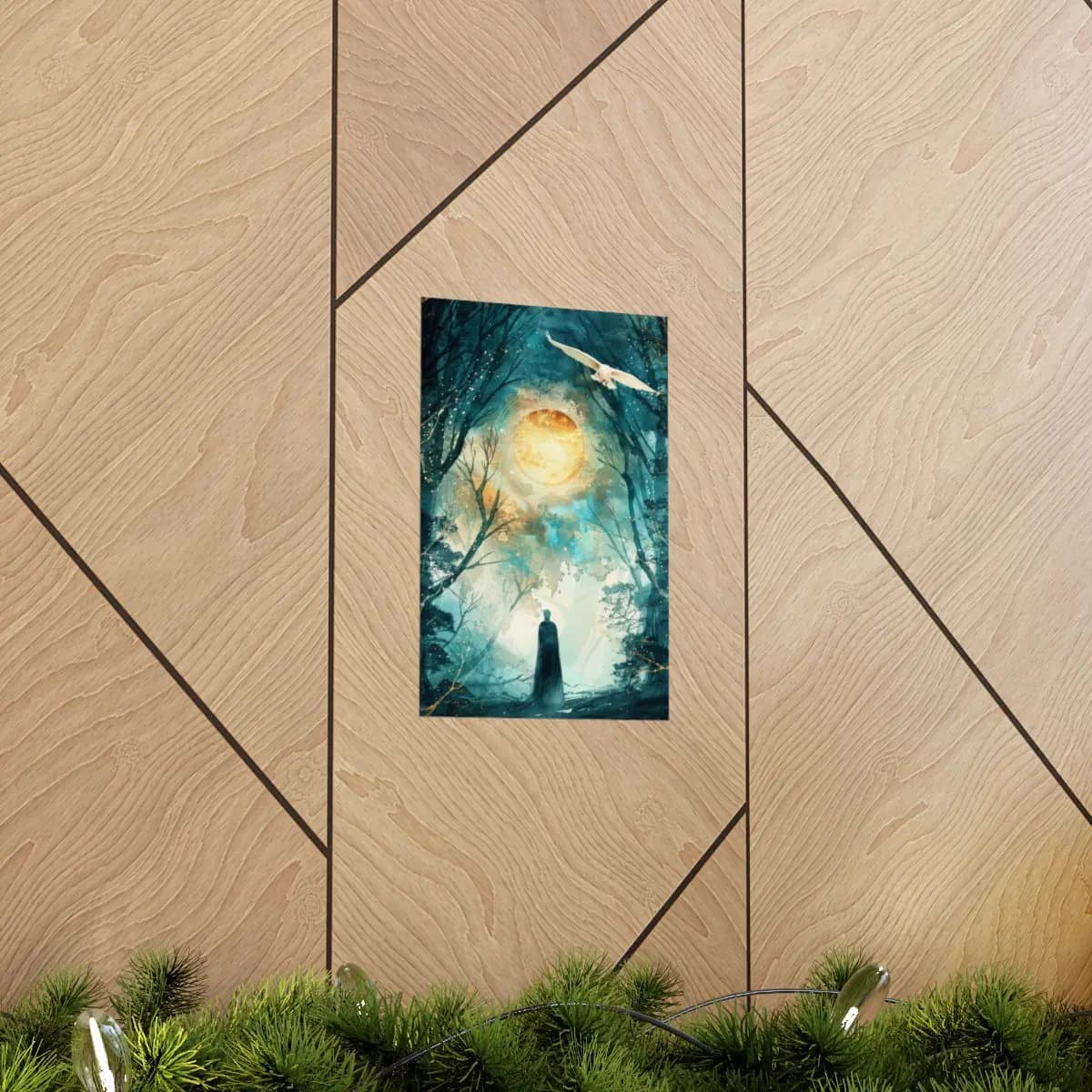 The Cloaked Wanderer Beneath the Golden Moon - Matte Vertical Posters mockup angle 5