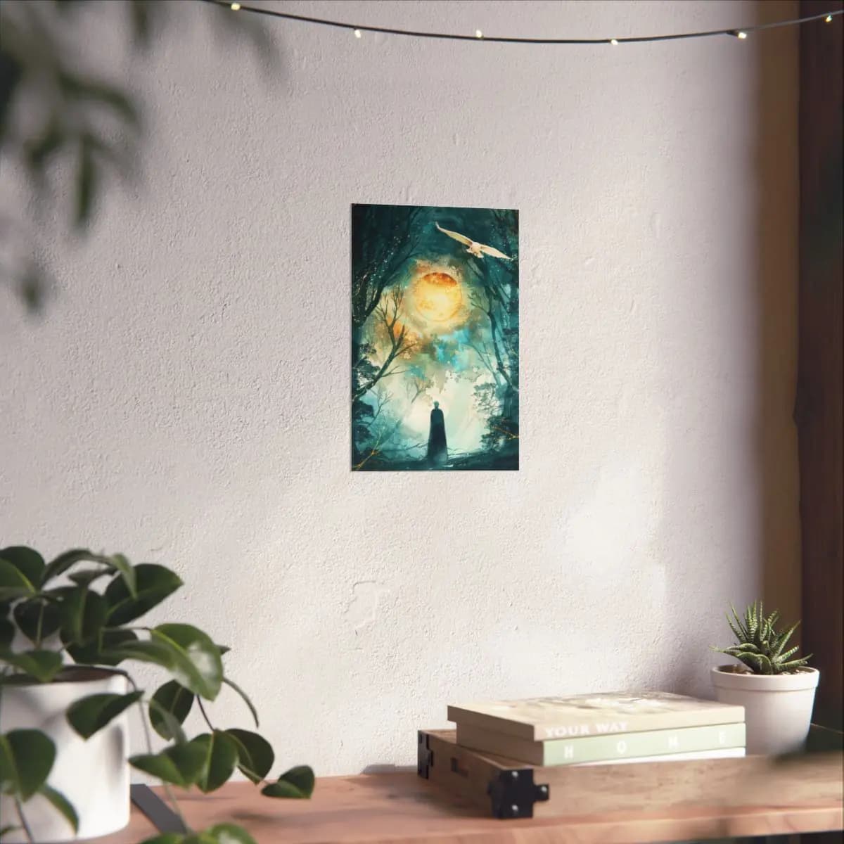 The Cloaked Wanderer Beneath the Golden Moon - Matte Vertical Posters mockup angle 6