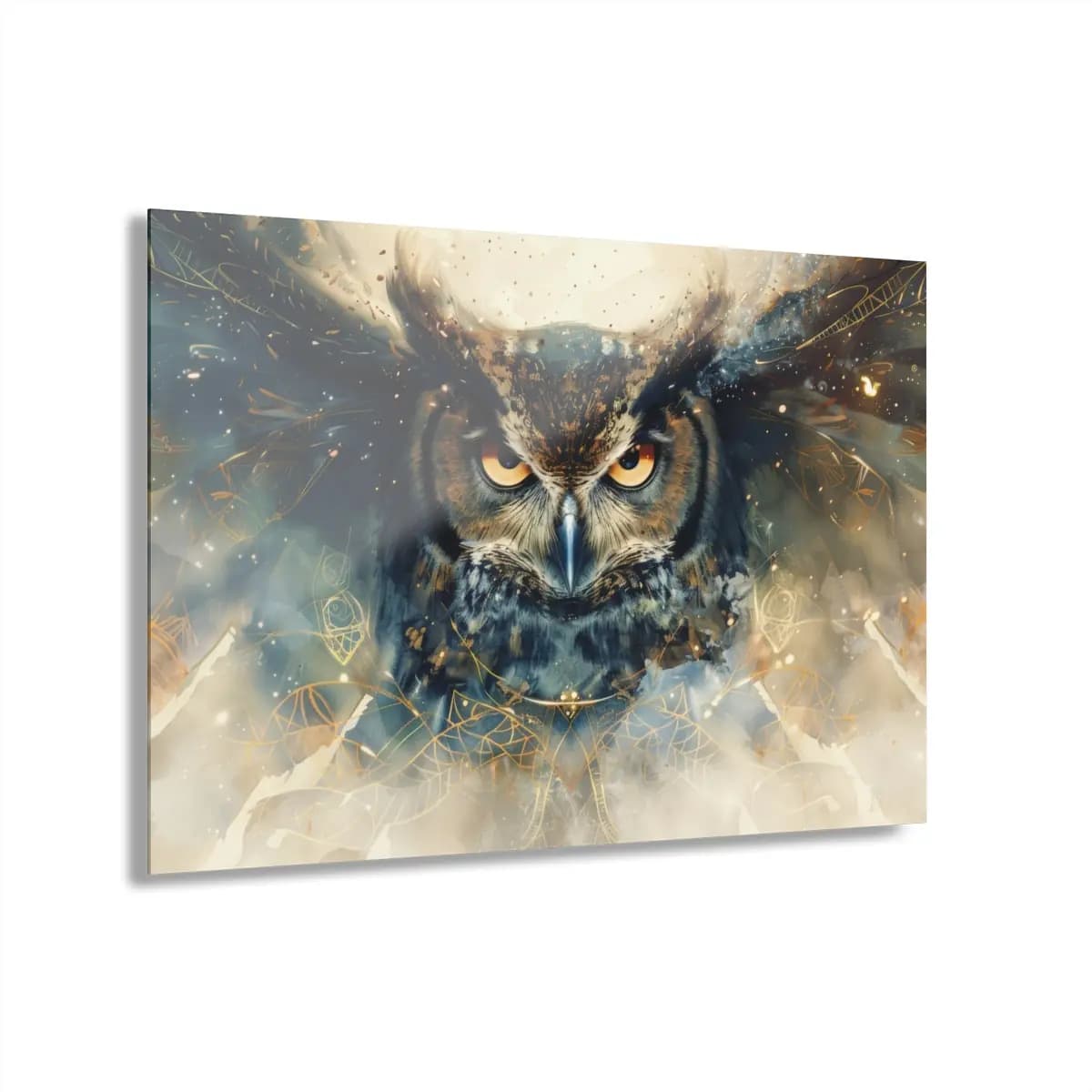 Amber-Eyed Great Horned Owl in Golden Light - Acrylic Prints (French Cleat Hanging) mockup angle 1