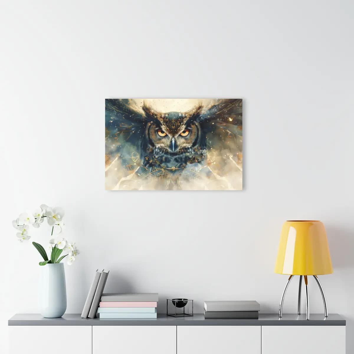 Amber-Eyed Great Horned Owl in Golden Light - Acrylic Prints (French Cleat Hanging) mockup angle 4