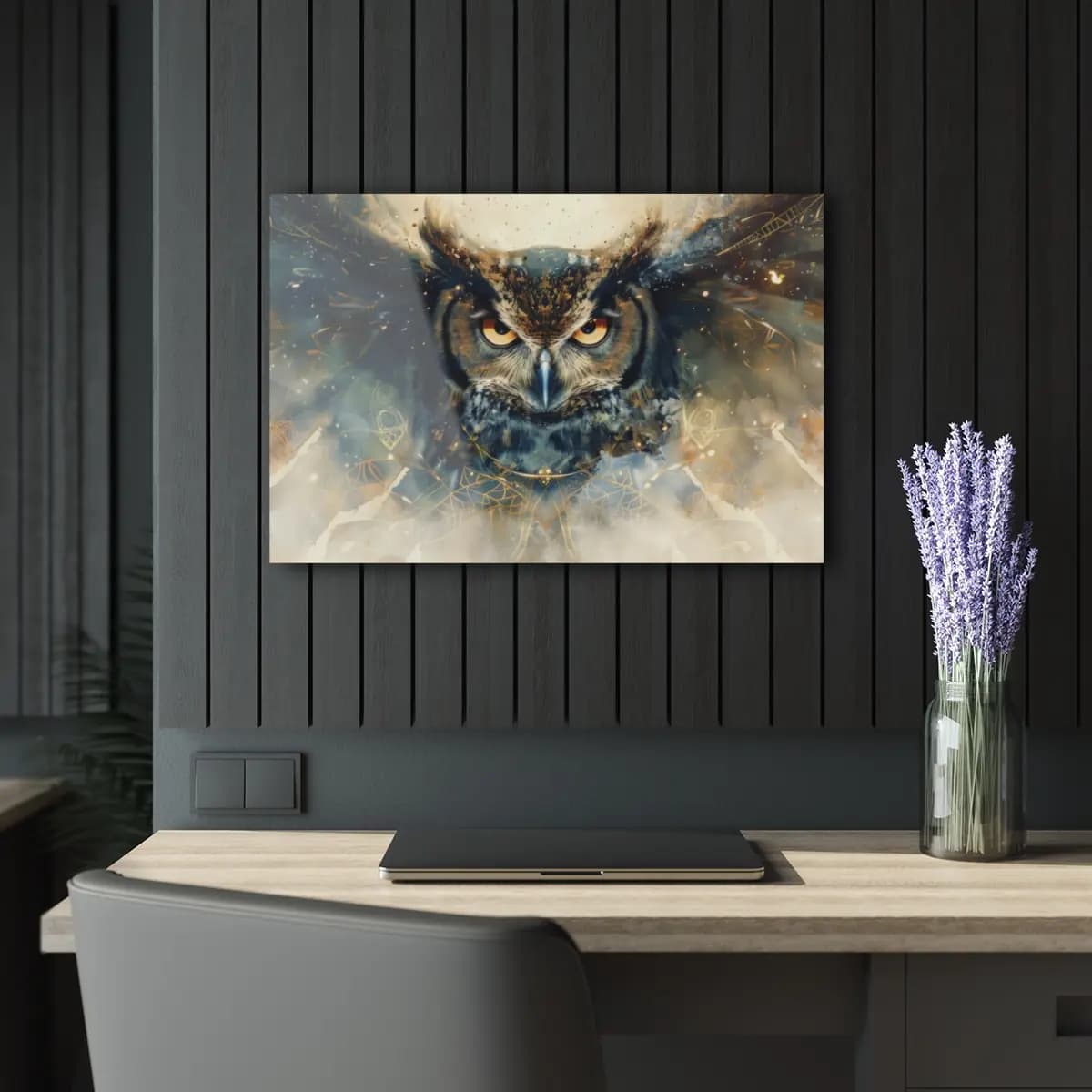 Amber-Eyed Great Horned Owl in Golden Light - Acrylic Prints (French Cleat Hanging) mockup angle 5
