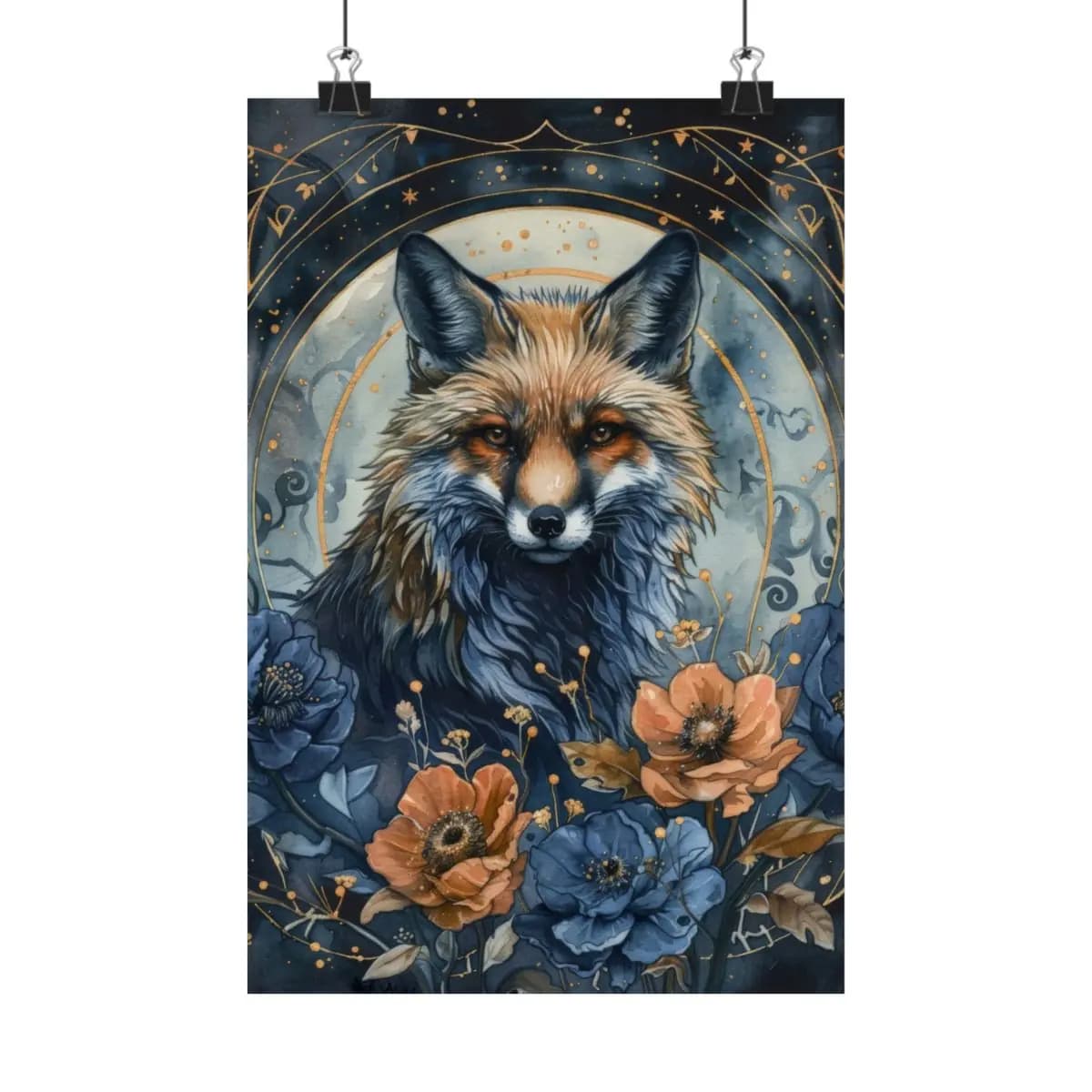 Celestial Fox Among Midnight Blooms - Matte Vertical Posters mockup angle 1