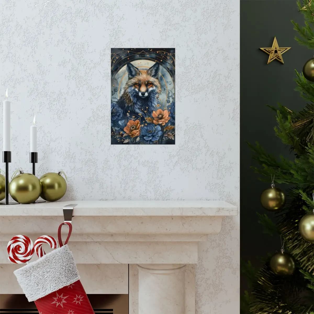 Celestial Fox Among Midnight Blooms - Matte Vertical Posters mockup angle 7