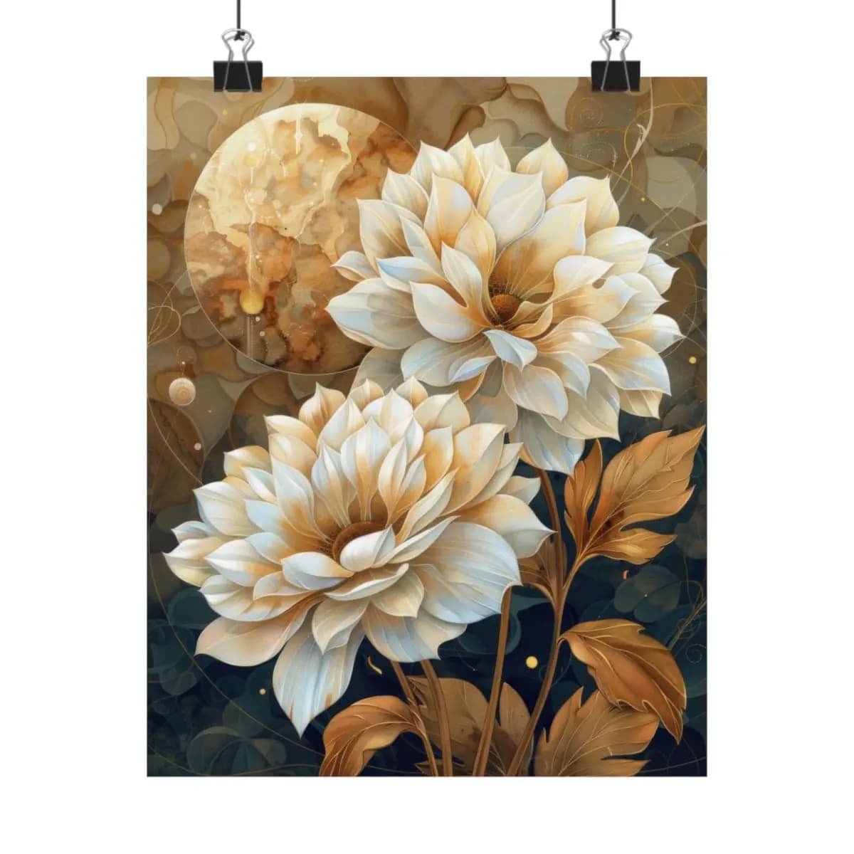 Golden Dahlias Blooming Beneath an Amber Moon - Matte Vertical Posters mockup angle 1