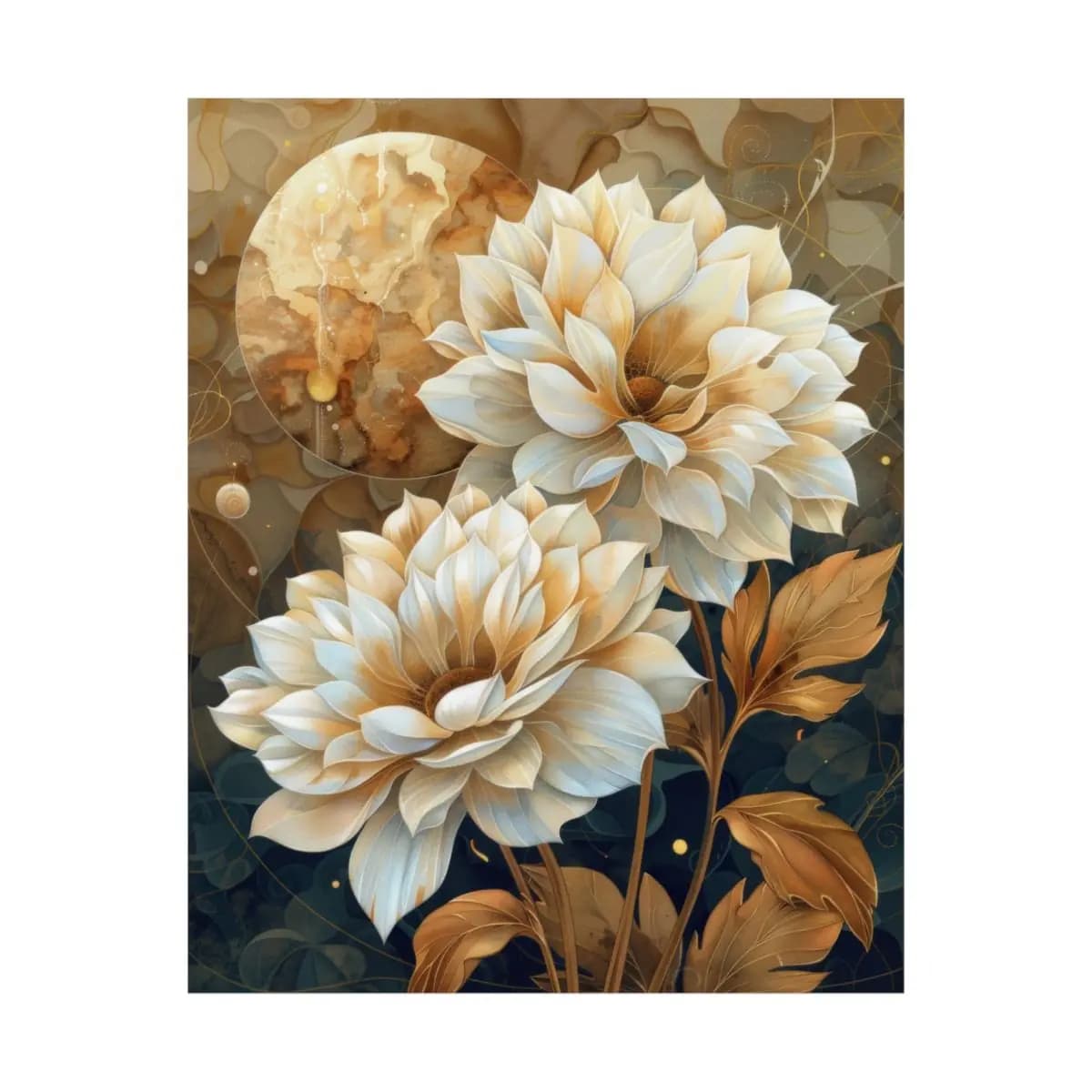 Golden Dahlias Blooming Beneath an Amber Moon - Matte Vertical Posters mockup angle 2