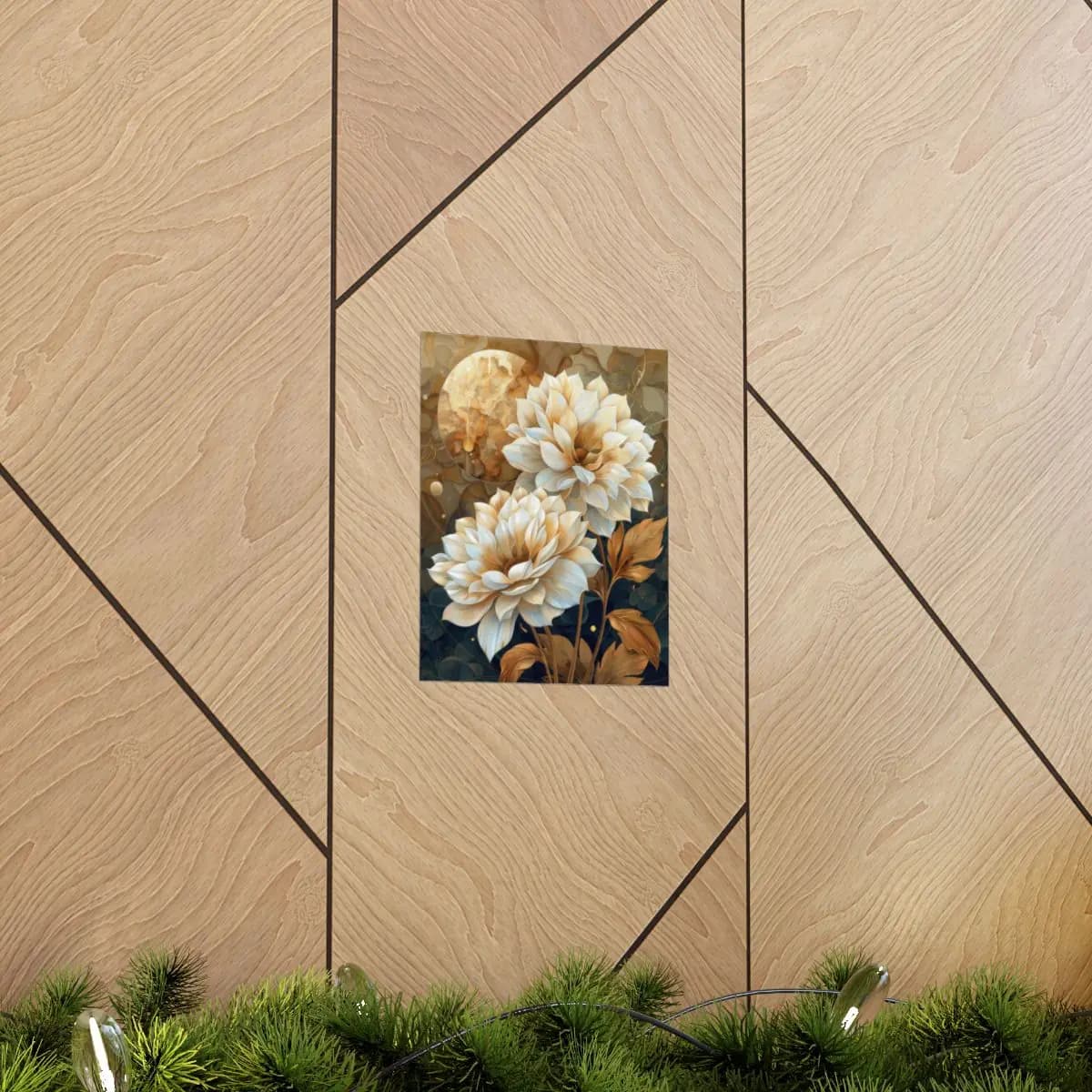 Golden Dahlias Blooming Beneath an Amber Moon - Matte Vertical Posters mockup angle 5