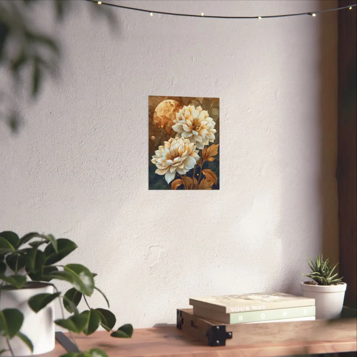 Golden Dahlias Blooming Beneath an Amber Moon - Matte Vertical Posters mockup angle 6
