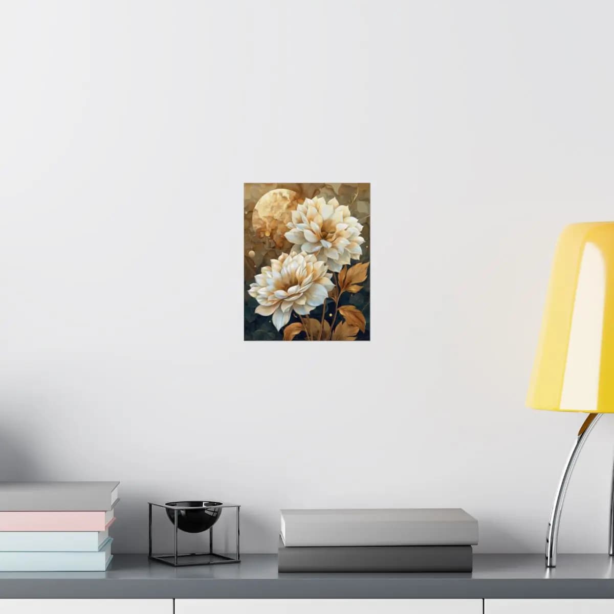 Golden Dahlias Blooming Beneath an Amber Moon - Matte Vertical Posters mockup angle 8