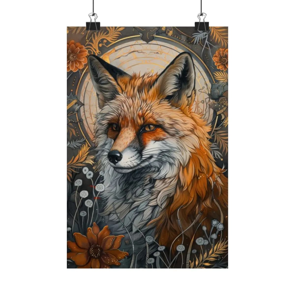 Red Fox Amid Golden Ornaments and Wild Blooms - Matte Vertical Posters mockup angle 1