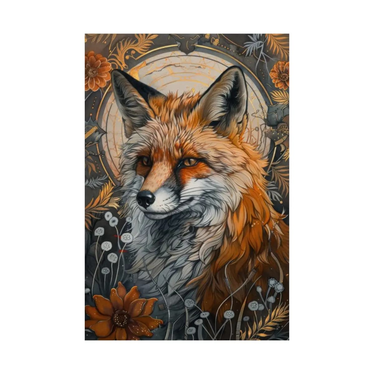 Red Fox Amid Golden Ornaments and Wild Blooms - Matte Vertical Posters mockup angle 2