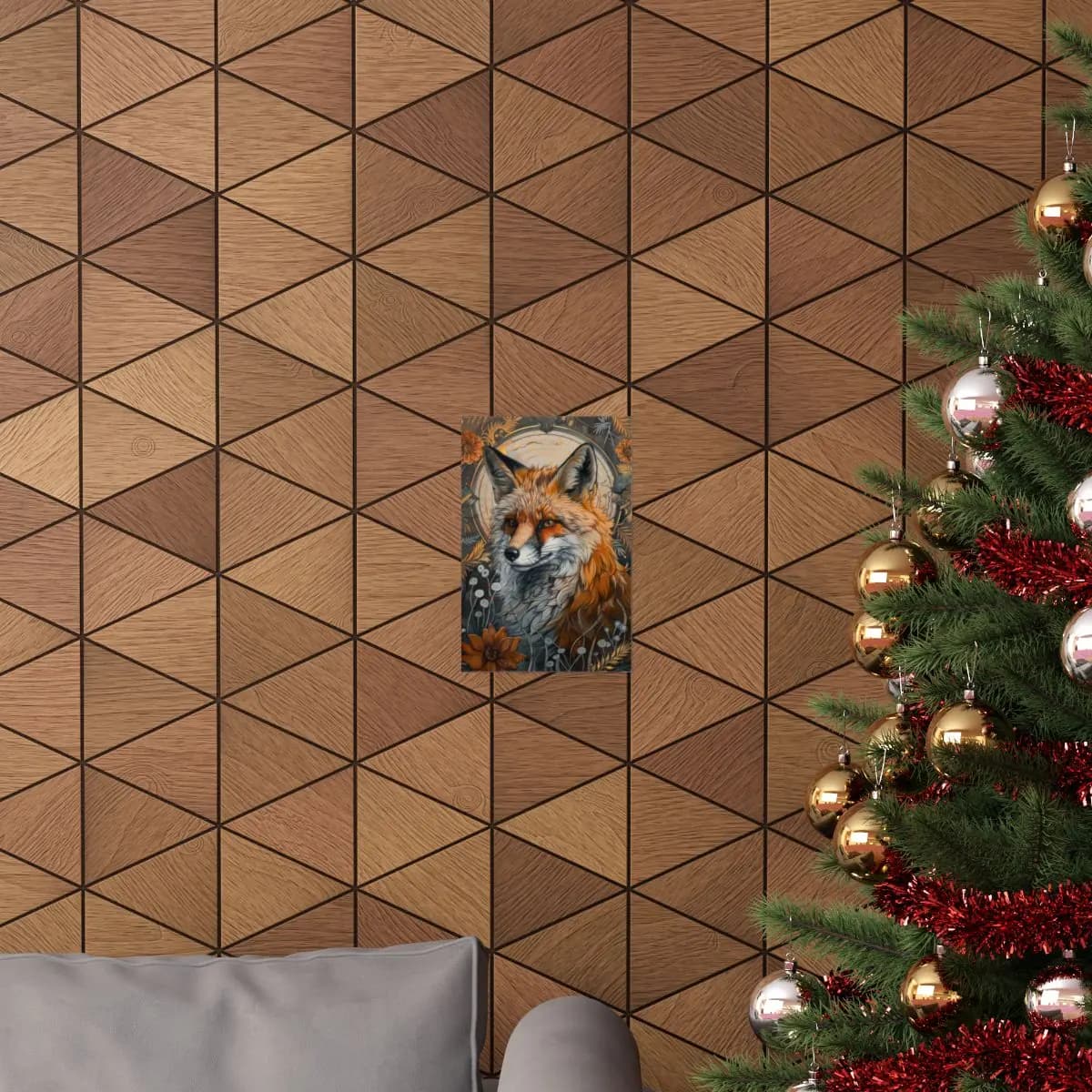 Red Fox Amid Golden Ornaments and Wild Blooms - Matte Vertical Posters mockup angle 4