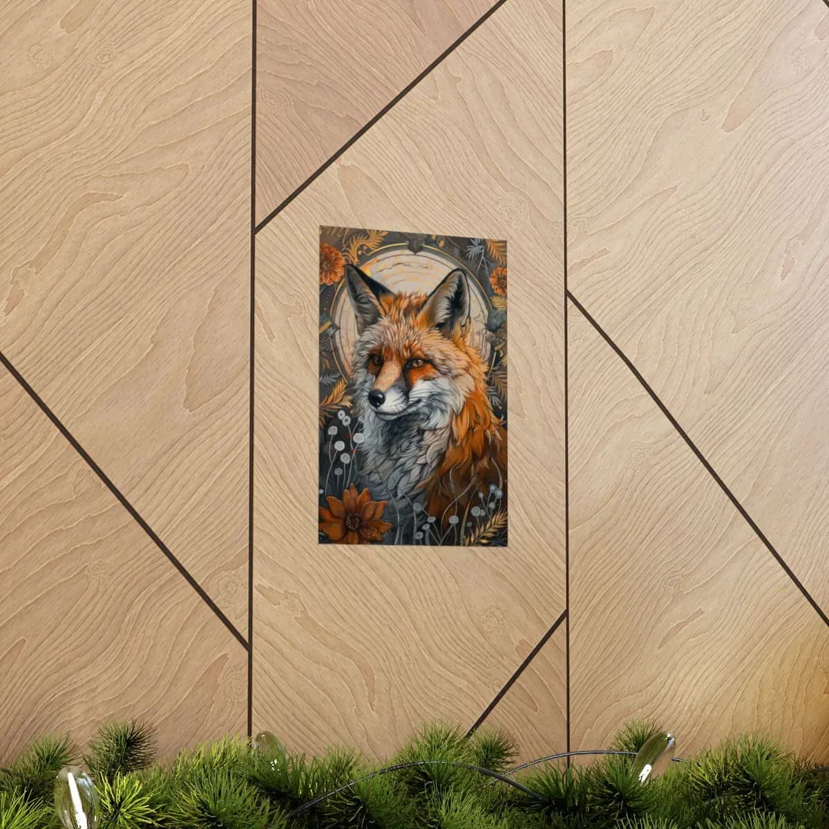 Red Fox Amid Golden Ornaments and Wild Blooms - Matte Vertical Posters mockup angle 5