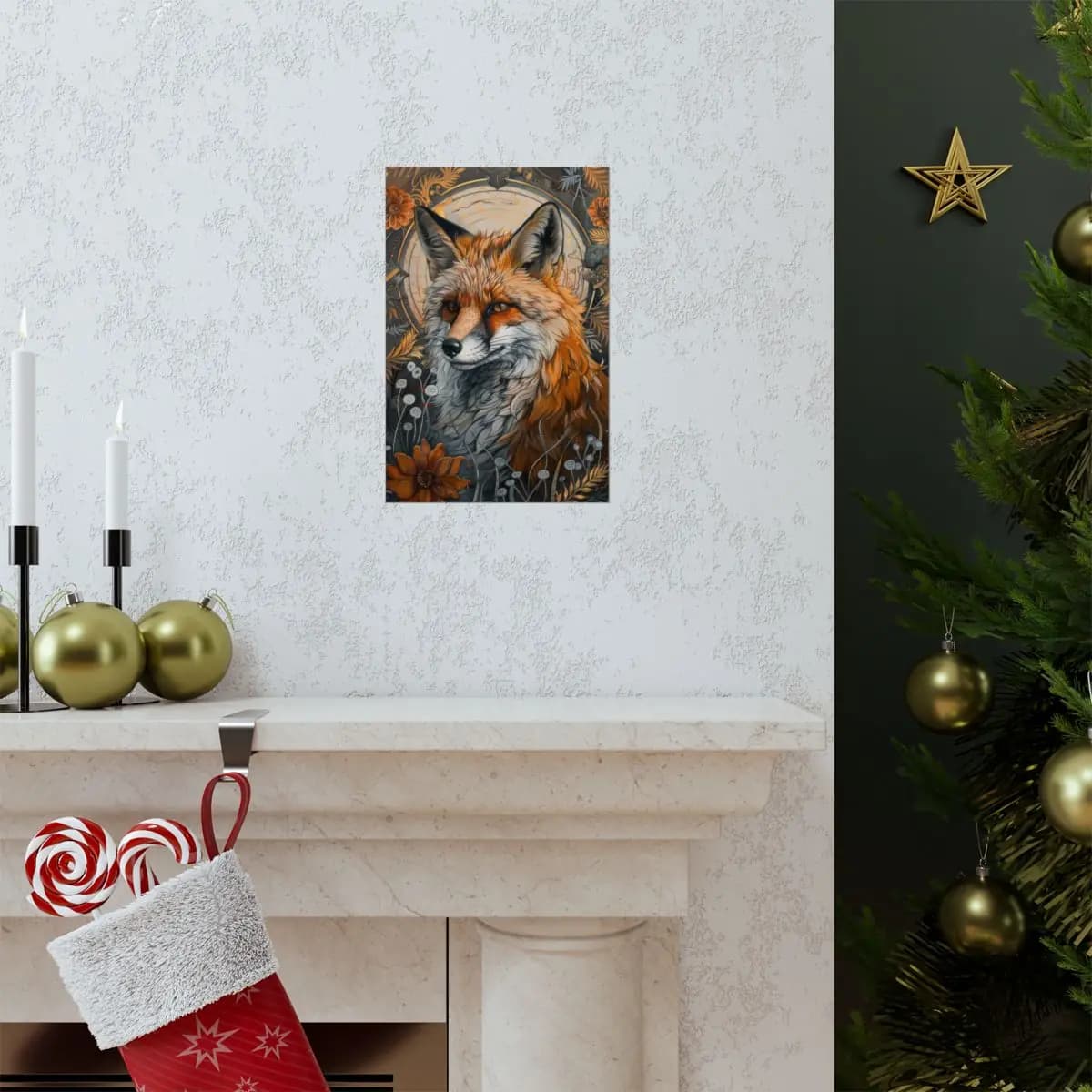 Red Fox Amid Golden Ornaments and Wild Blooms - Matte Vertical Posters mockup angle 7