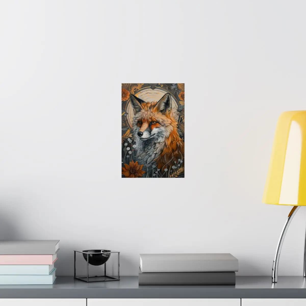 Red Fox Amid Golden Ornaments and Wild Blooms - Matte Vertical Posters mockup angle 8