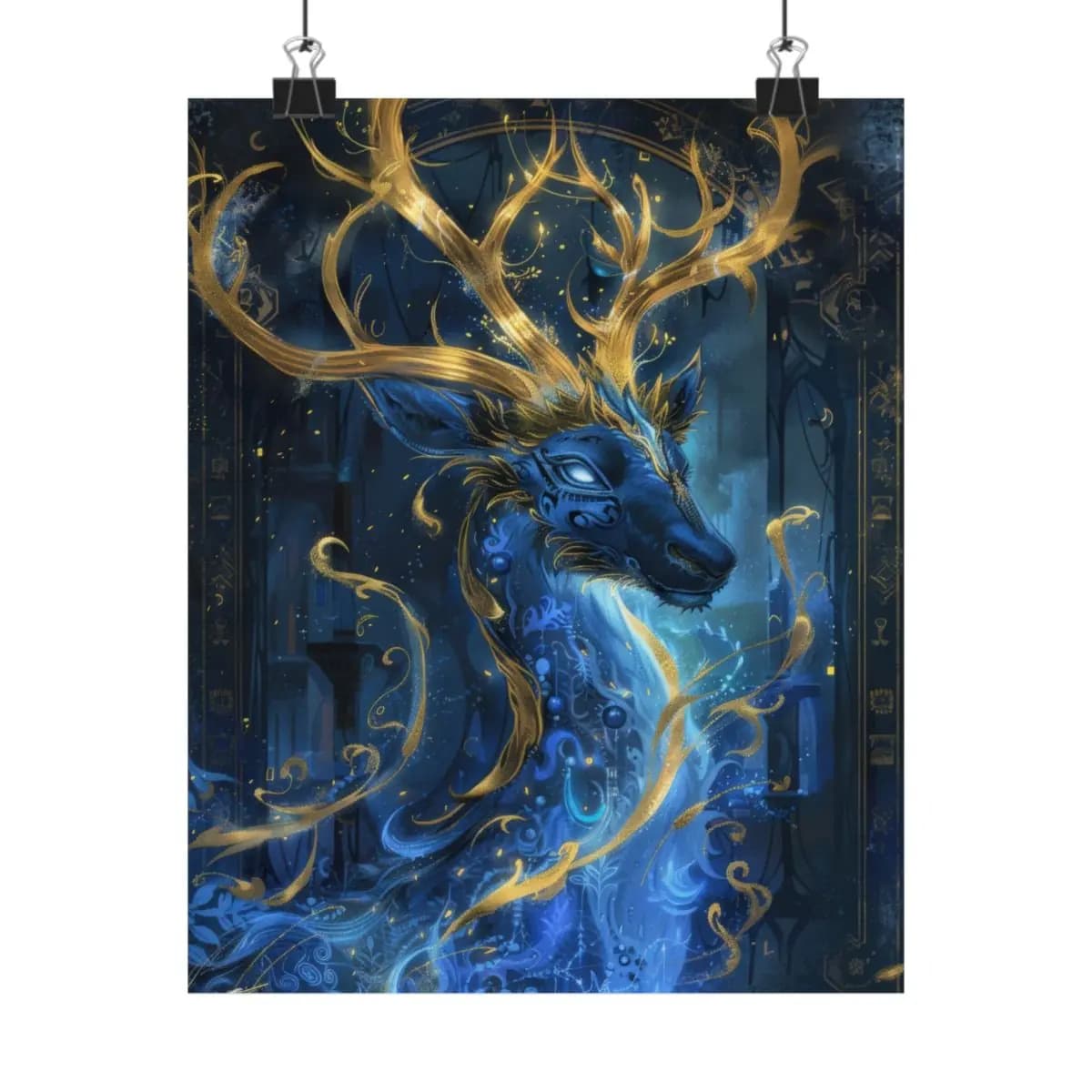 Mystical Blue Stag with Radiant Golden Antlers - Matte Vertical Posters mockup angle 1