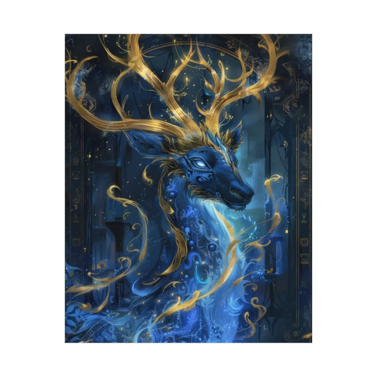Mystical Blue Stag with Radiant Golden Antlers - Matte Vertical Posters mockup angle 2