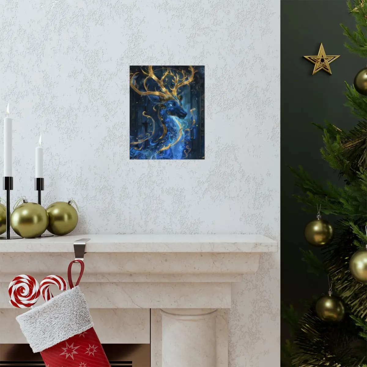 Mystical Blue Stag with Radiant Golden Antlers - Matte Vertical Posters mockup angle 7