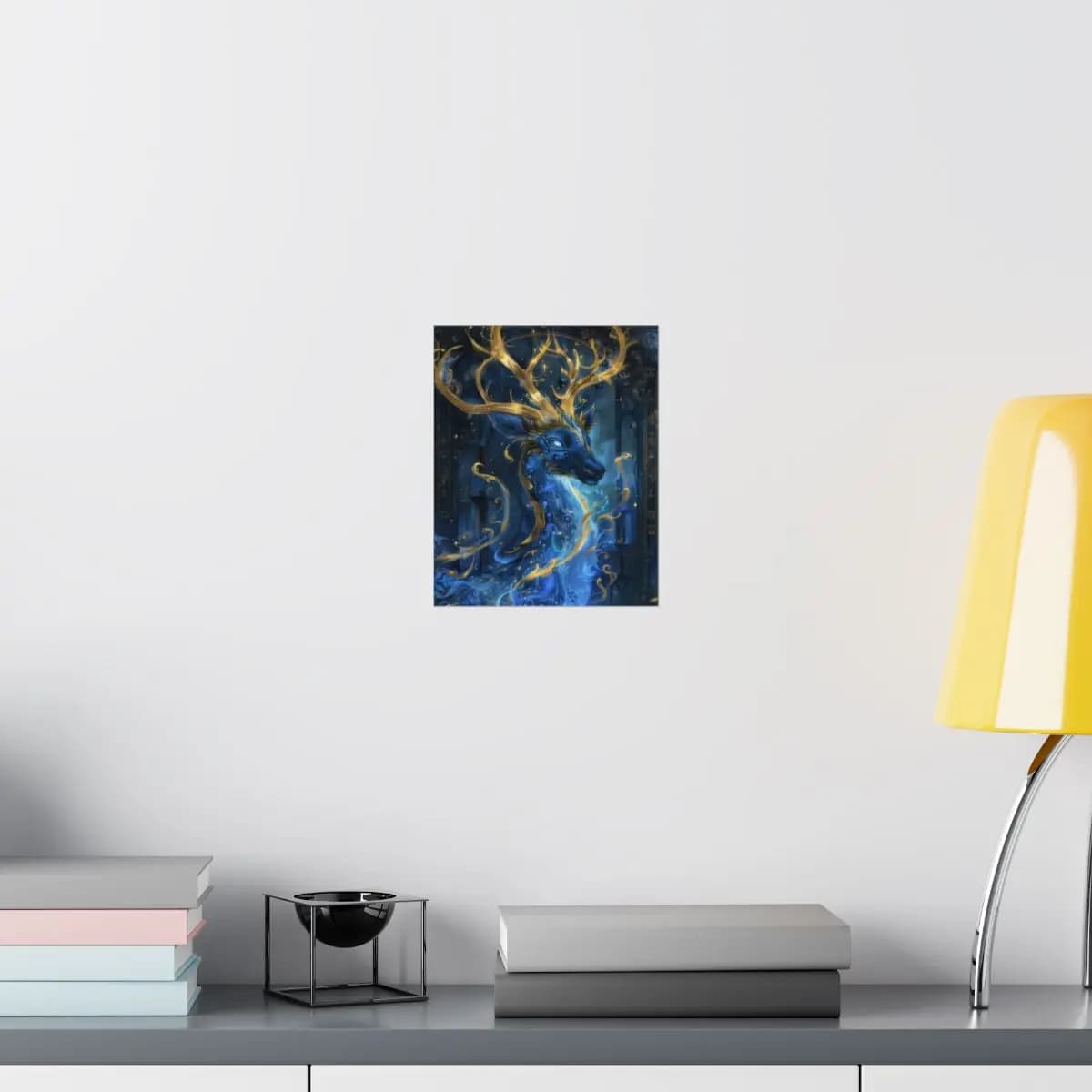 Mystical Blue Stag with Radiant Golden Antlers - Matte Vertical Posters mockup angle 8