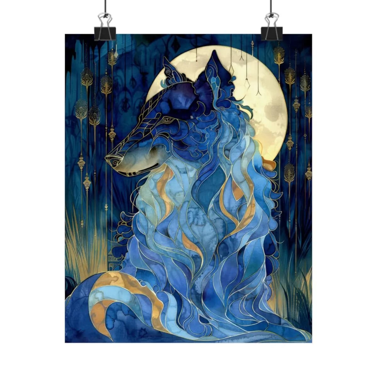 The Celestial Wolf Beneath the Golden Moon - Matte Vertical Posters mockup angle 1