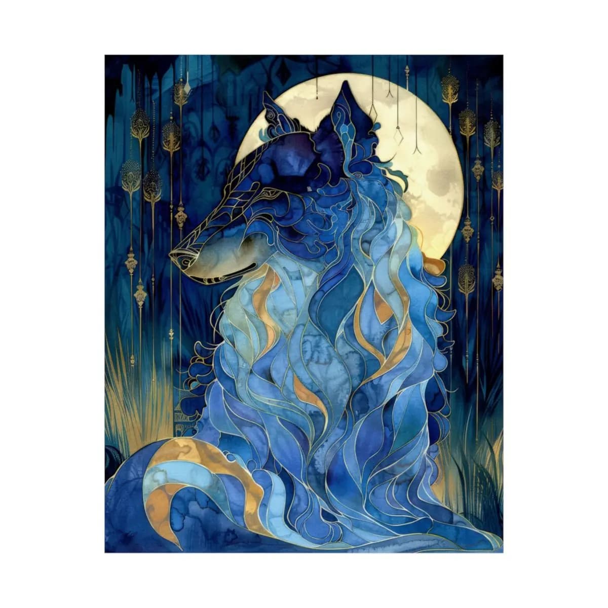 The Celestial Wolf Beneath the Golden Moon - Matte Vertical Posters mockup angle 2