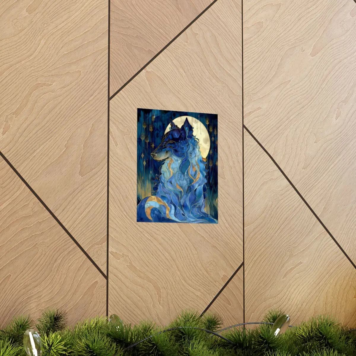 The Celestial Wolf Beneath the Golden Moon - Matte Vertical Posters mockup angle 5