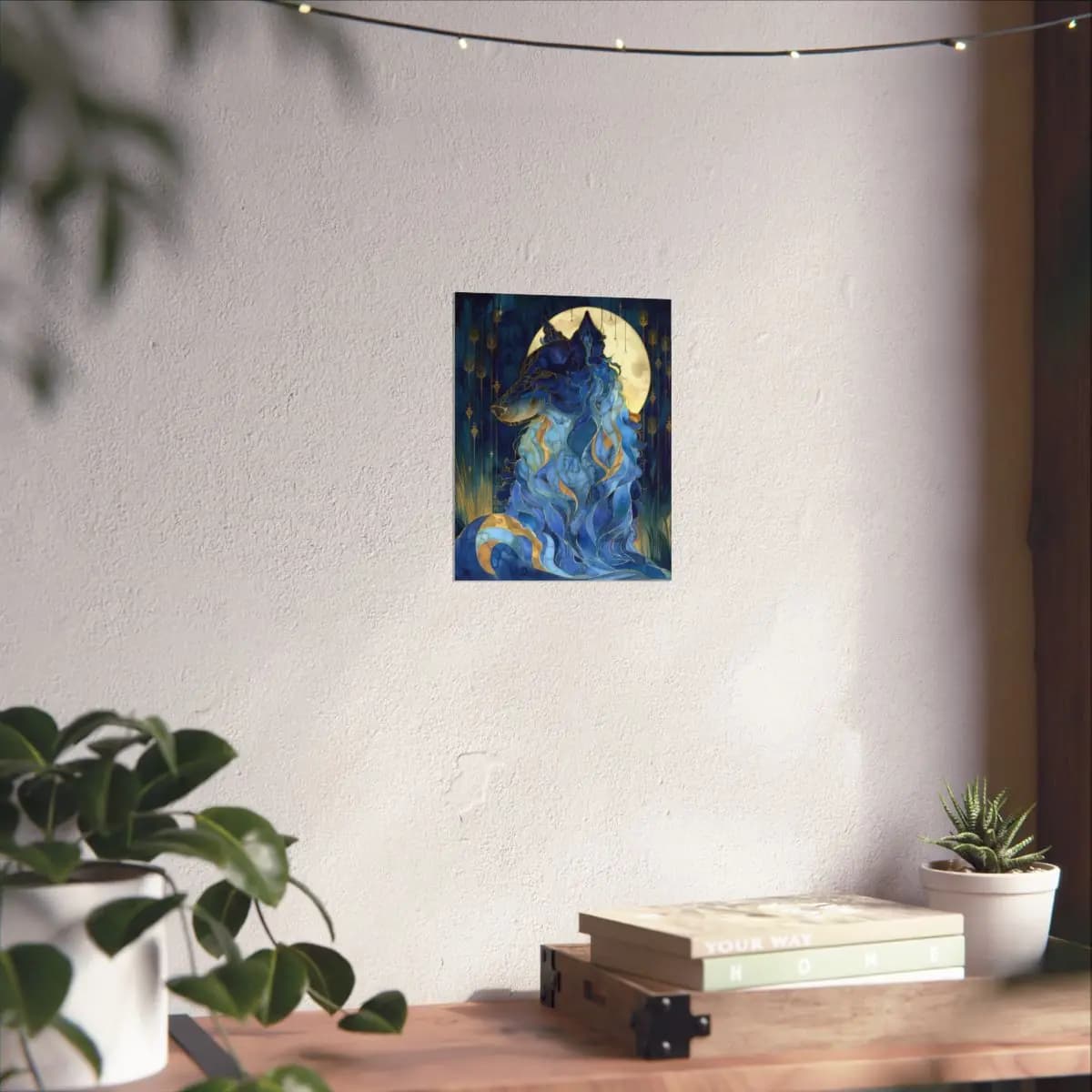 The Celestial Wolf Beneath the Golden Moon - Matte Vertical Posters mockup angle 6