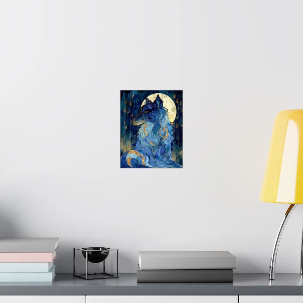The Celestial Wolf Beneath the Golden Moon - Matte Vertical Posters mockup angle 8