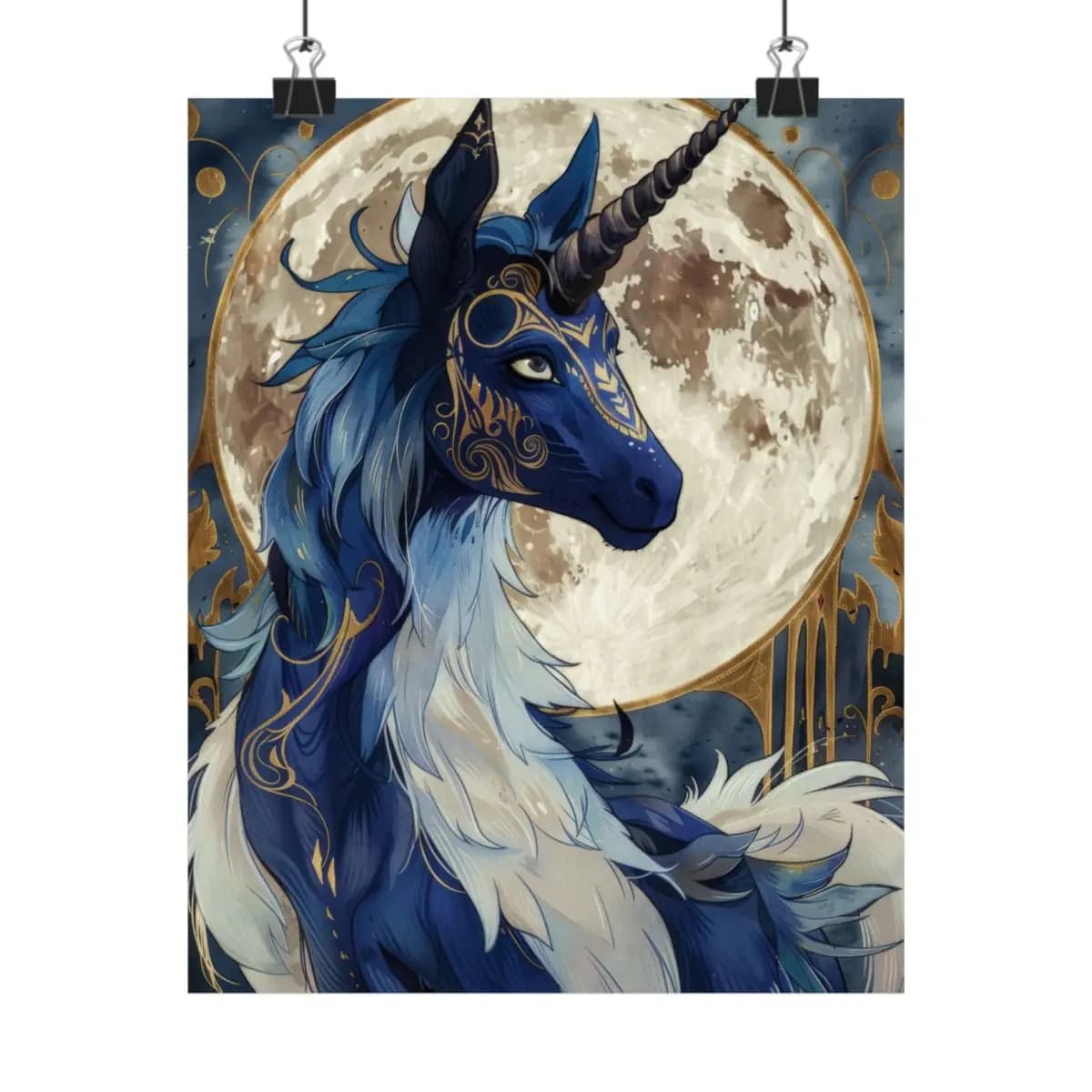Celestial Blue Unicorn Beneath the Golden Moon - Matte Vertical Posters mockup angle 1