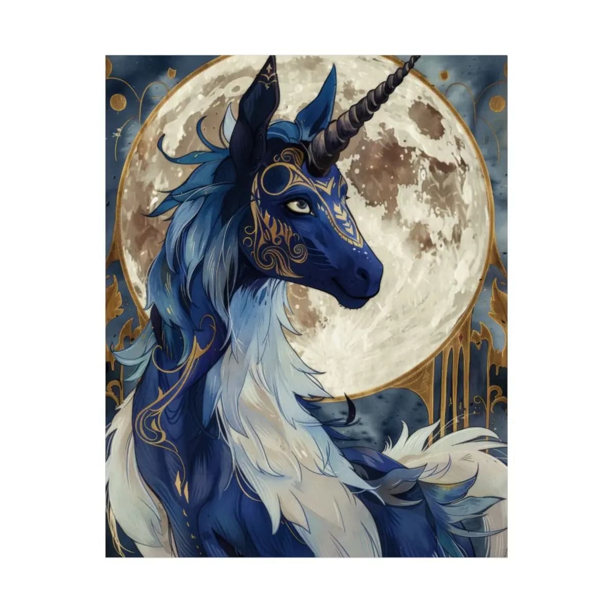 Celestial Blue Unicorn Beneath the Golden Moon - Matte Vertical Posters mockup angle 2