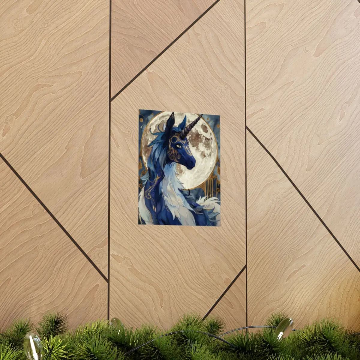Celestial Blue Unicorn Beneath the Golden Moon - Matte Vertical Posters mockup angle 5