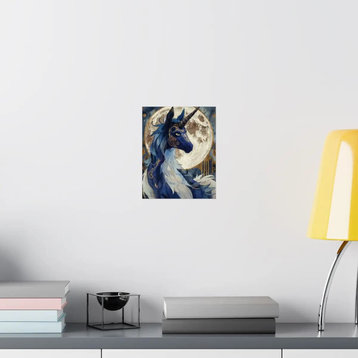 Celestial Blue Unicorn Beneath the Golden Moon - Matte Vertical Posters mockup angle 8