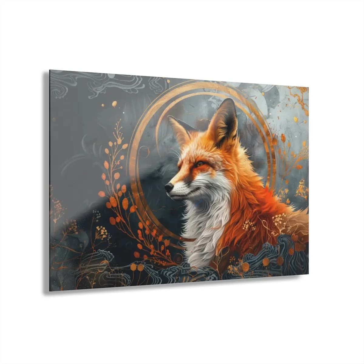 The Red Fox Within Golden Circles - Acrylic Prints (French Cleat Hanging) mockup angle 1