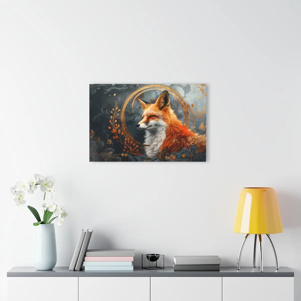 The Red Fox Within Golden Circles - Acrylic Prints (French Cleat Hanging) mockup angle 4